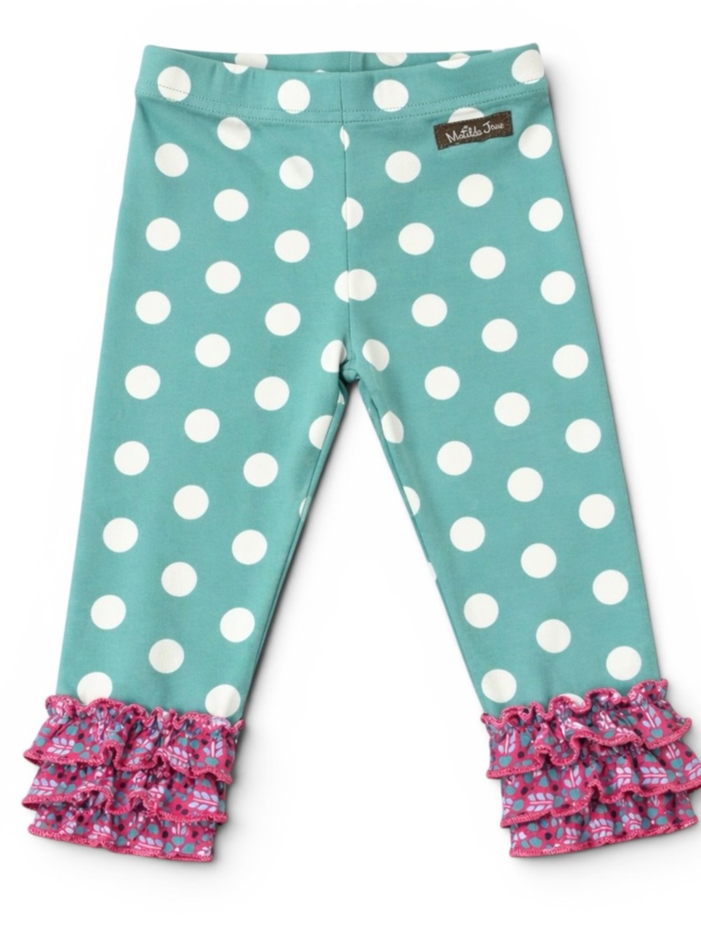 Matilda Jane teal and white polka dot leggings with pink ruffle trim 18-24 Mo